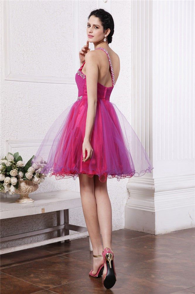 Adison Cocktail Homecoming Dresses A-Line/Princess One-Shoulder Sleeveless Beading Short Organza Dresses