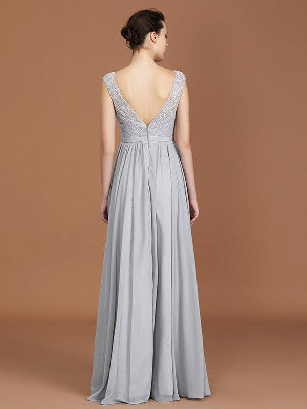 A-Line/Princess V-neck Sleeveless Floor-Length Chiffon Lace Bridesmaid Dress HEP0005698