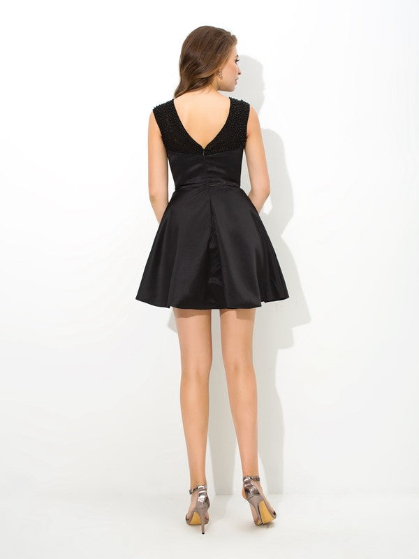 A-Line/Princess High Neck Satin Homecoming Dresses Cocktail Sandra Sash/Ribbon/Belt Sleeveless Short Dresses