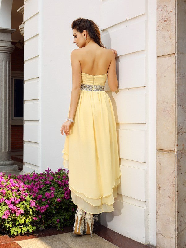 Cocktail Chiffon Madeleine Homecoming Dresses A-Line/Princess Strapless Beading Sleeveless High Low Dresses