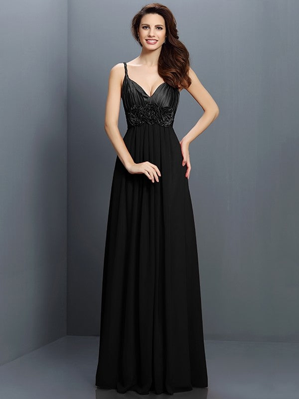 A-Line/Princess V-neck Hand-Made Flower Sleeveless Long Chiffon Bridesmaid Dresses HEP0005634