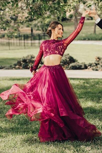 Elegant A Line Two Piece Burgundy Long Sleeve Beads Organza Open Back Long Prom Dresses JS24