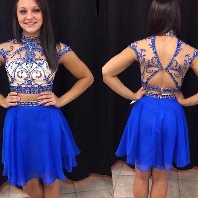 Royal Blue Short Prom Dresses Chiffon Fitted Party Dress Silver Beading Sparkly Cocktail Dress JS911