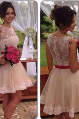 Lace Tulle Cute Fashion Scoop A-Line Sleeveless Homecoming Dress Short Prom Dress JS879