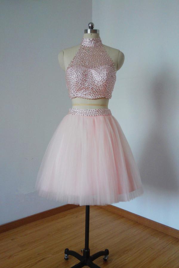 Two Pieces Pretty Sexy Charming Beading Halter Tulle Blush Pink Homecoming Dresses H97