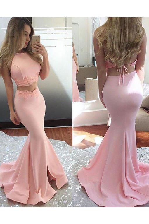 Long Satin Two Piece Sleeveless Sexy Mermaid Pink Halter Open Back Evening Dresses JS769