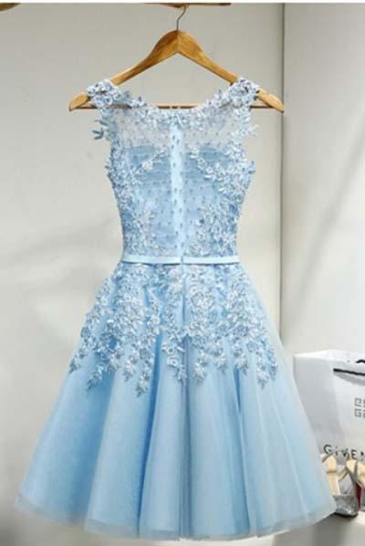 Light Sky Round Neck Tulle Appliques Short Sleeveless Graduation Homecoming Dress JS220