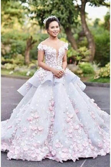 Pretty Flowers Quinceanera Dresses Ball Gown Long Backless Wedding Gowns JS357