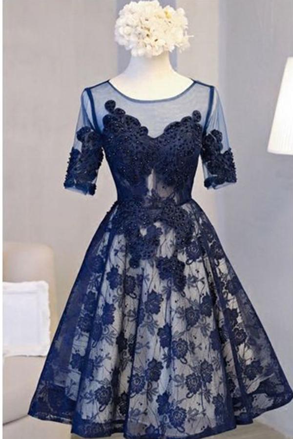 A Line Scoop Navy Blue Knee-length Tulle Short Sleeve Homecoming Dress with Open Back JS792