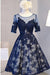 A Line Scoop Navy Blue Knee-length Tulle Short Sleeve Homecoming Dress with Open Back JS792