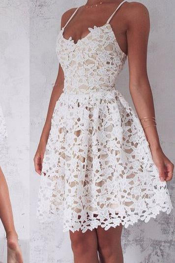 A-Line Spaghetti Straps Lace up Ivory Lace Short Sleeveless Sweet 16 Cocktail Dress JS744