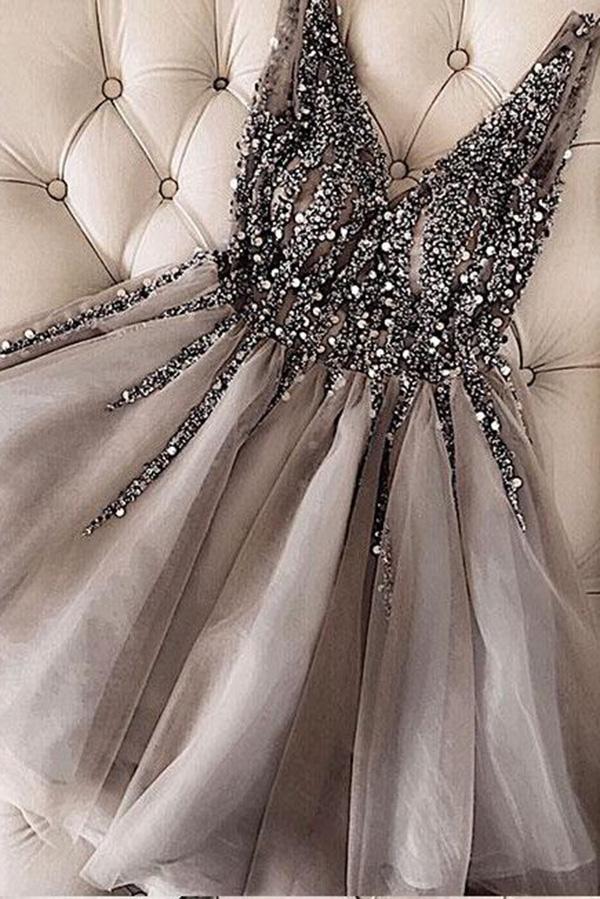 Luxurious Sequins Beaded V Neck Tulle Short V Back Gray Prom Dress Homecoming Dress JS762