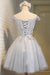 A-Line Off the Shoulder Short Sleeveless Scoop Grey Tulle Lace up Homecoming Dresses JS964