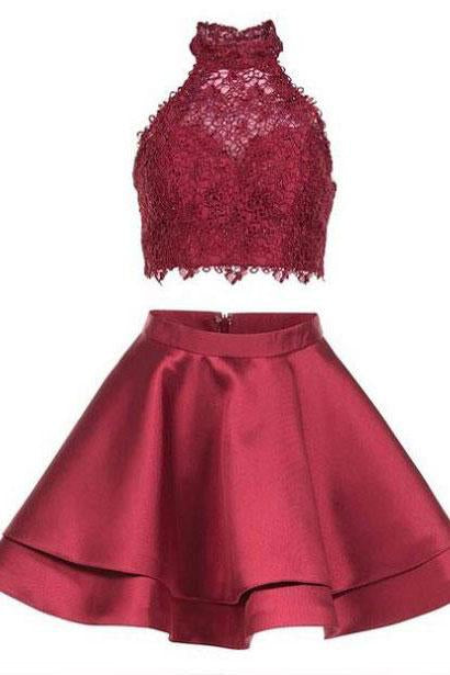 Princess Halter 2 Piece A-line Open Back Sleeveless Lace Mini Short Homecoming Dress JS246