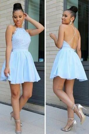 Light Blue Short Chiffon Backless Simple Homecoming Dresses JS526