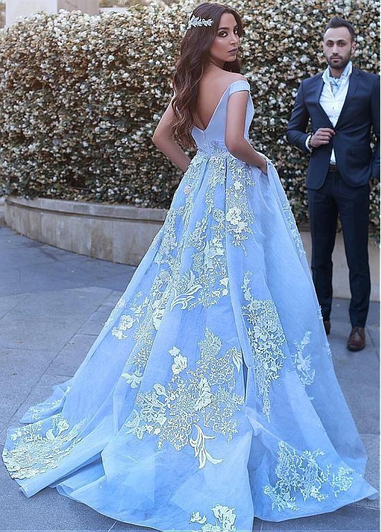 Wonderful Off-the-shoulder Ball Gown Formal Blue Lace Appliques Long Quinceanera Dresses JS1119