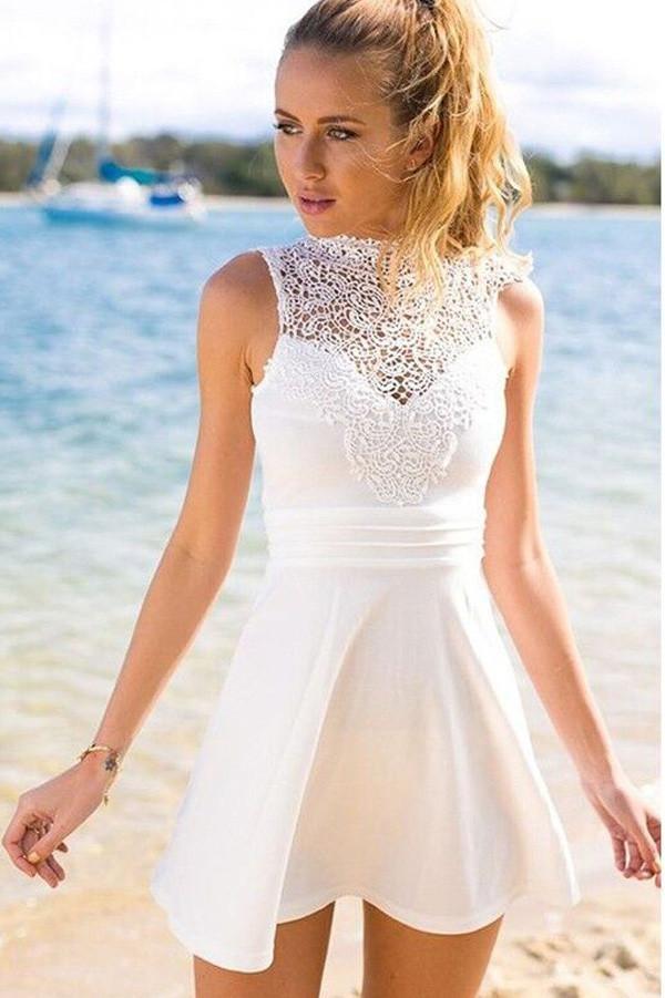 White Simple Short Cheap Open Back Sleeveless Cute Lace Graduation Homecoming Dress P6