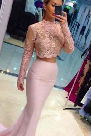 Pale Pink Two Pieces Long Sleeves Lace Mermaid See Through Jewel Neckline Prom Dresses JS201