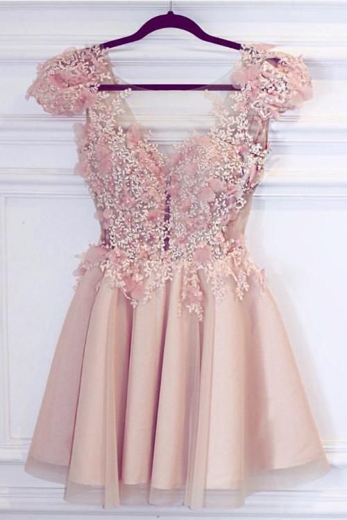 Cute Satin Pink Deep V Neck Appliques Short Prom Dresses Homecoming Dresses JS943