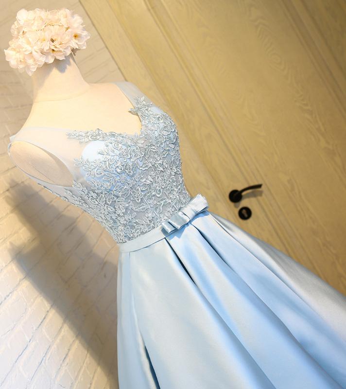 Sky Blue A-Line V-Neck Short Prom Dresses Appliques Lace Homecoming Dresses JS568