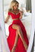 Sexy A Line Off the Shoulder Red Two Pieces V Neck Split Front Chiffon Prom Dresses JS741