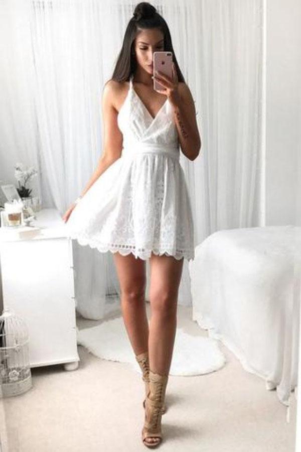 A Line V Neck Spaghetti Strap Short Lace White With Criss-Cross Mini Homecoming Dress JS590